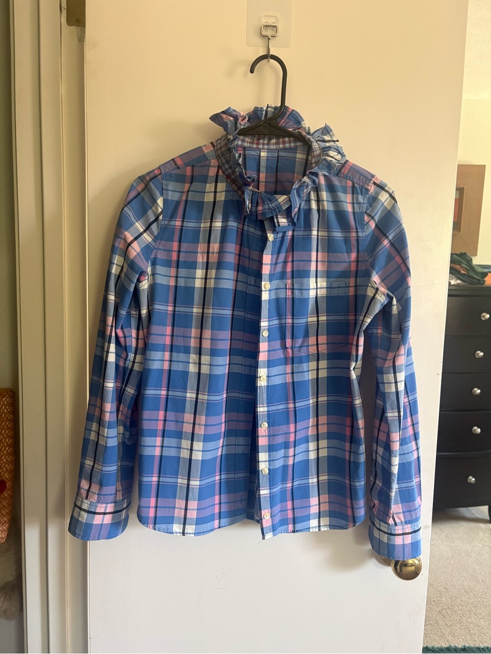 KMJ Ruffle Collar Plaid Button-Down Shirt in Blue and Pink